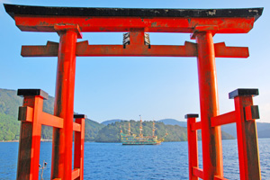 箱根神社の鳥居と芦ノ湖